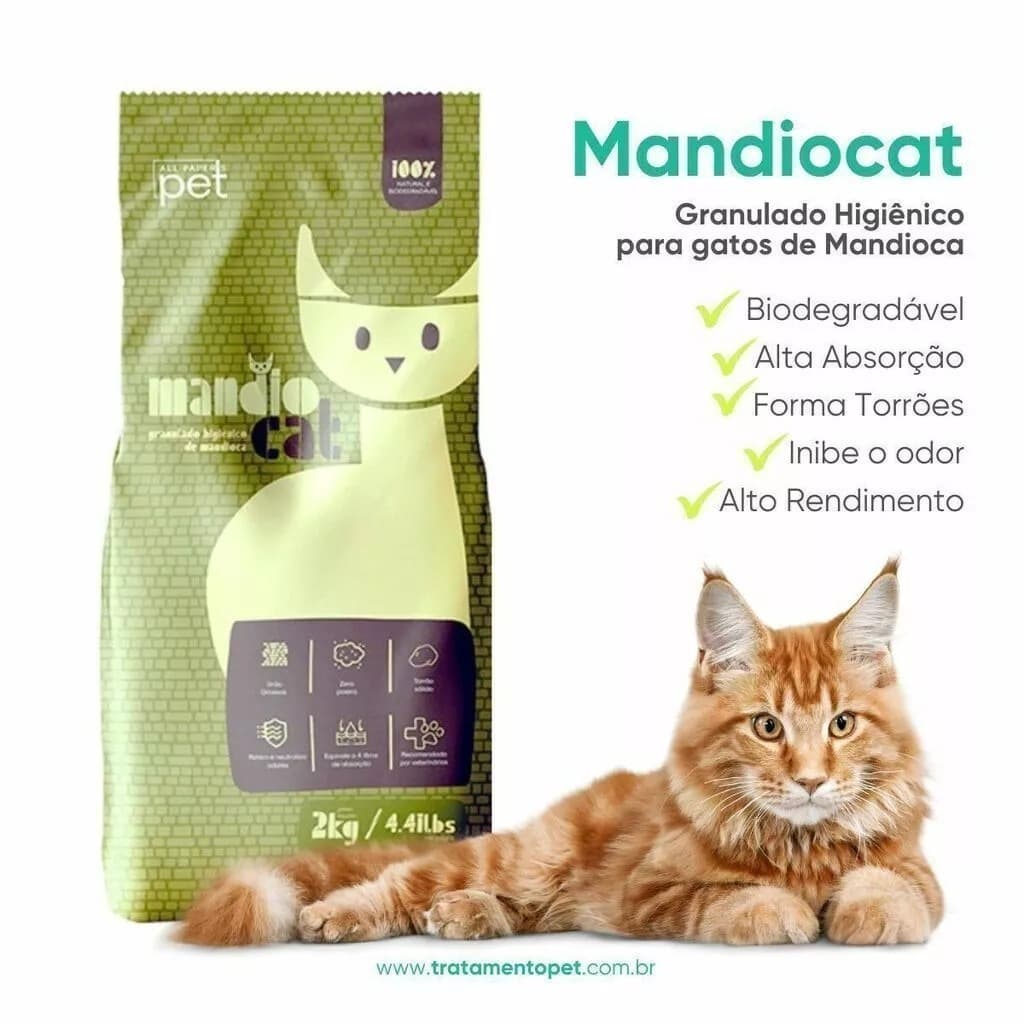 Areia Higiênica Mandiocat 2kg – Natural de Mandioca, Elimina Odores, Forma Torrões, Eco-Friendly