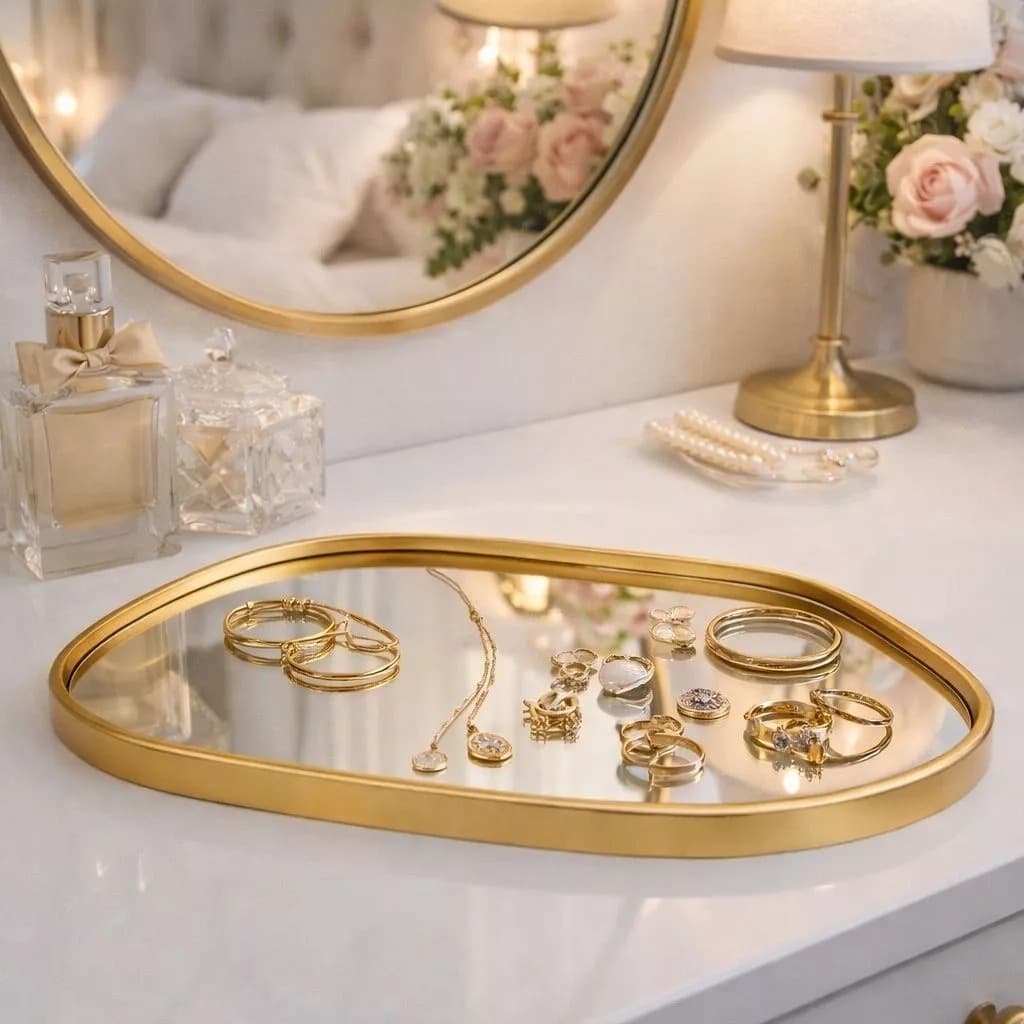 BANDEJA DECORATIVA  ESPELHADA  FORMATO ORGÂNICO MULTIUSO BANHEIRO LAVABO SALA PRETO DOURADO