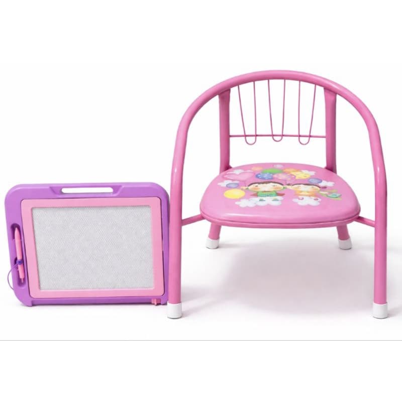 Cadeira de metal Infantil Rosa com Lousa Magnética | Kit Educativo Criança | Resistente e Portátil