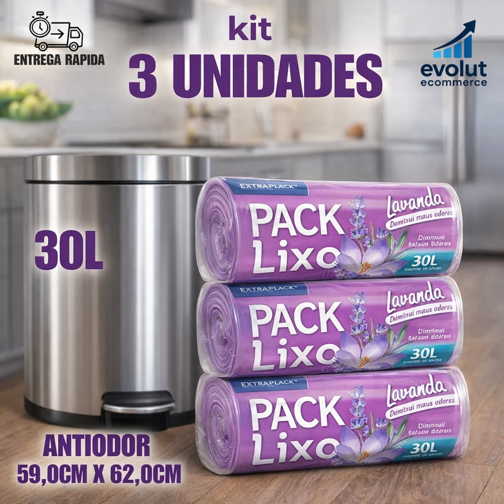 Saco de Lixo 30L Perfumado Lavanda  Neutraliza Mau Cheiro  Reforçado 59x62