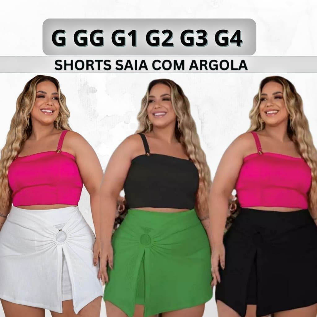 Short Saia c/ argola em detalhe, Plus Size feminino, tecido anarruga premium, veste do G ao G4, Alta elasticidade.