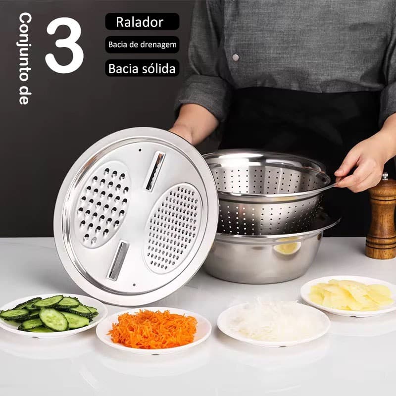 Tigela 3 em 1 Ralador Fatiador Bacia Escorredor Legumes Queijo Manual Cozinha Pratica