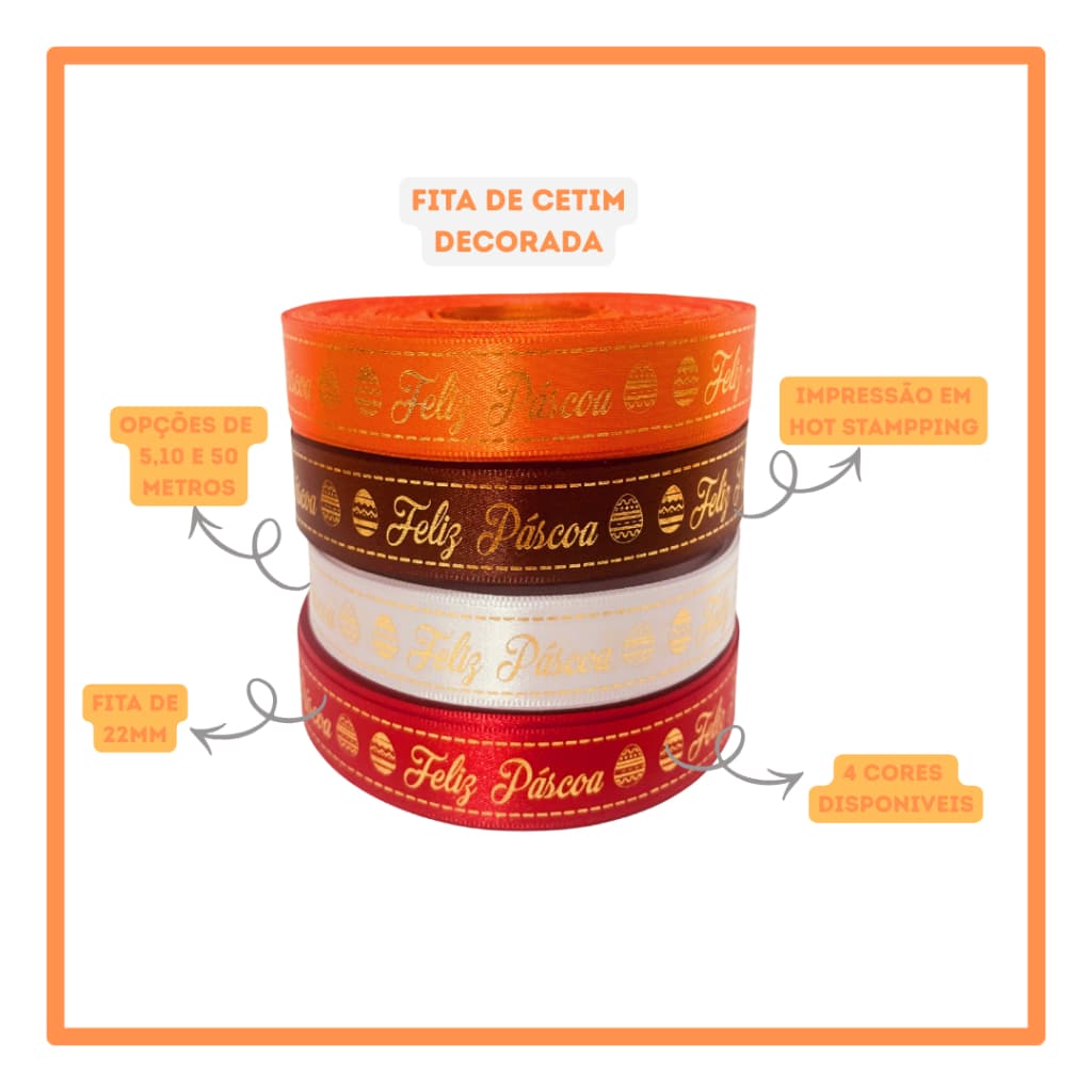 Fita de Cetim Feliz Páscoa Traços 22mm Decorada | 5m 10m 50m | Ideal para Embalagem de Ovo de Páscoa