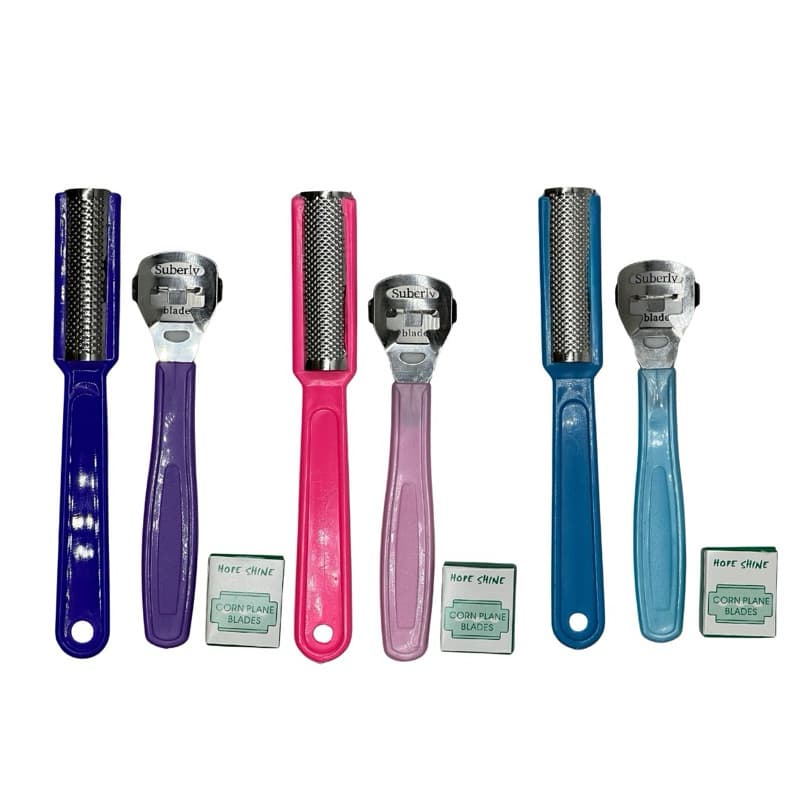 Kit 3 Peças Pedicure – Raspador de Pé + Removedor de Calos + Lâminas • Cores sortidas • Envio aleatório conforme estoque