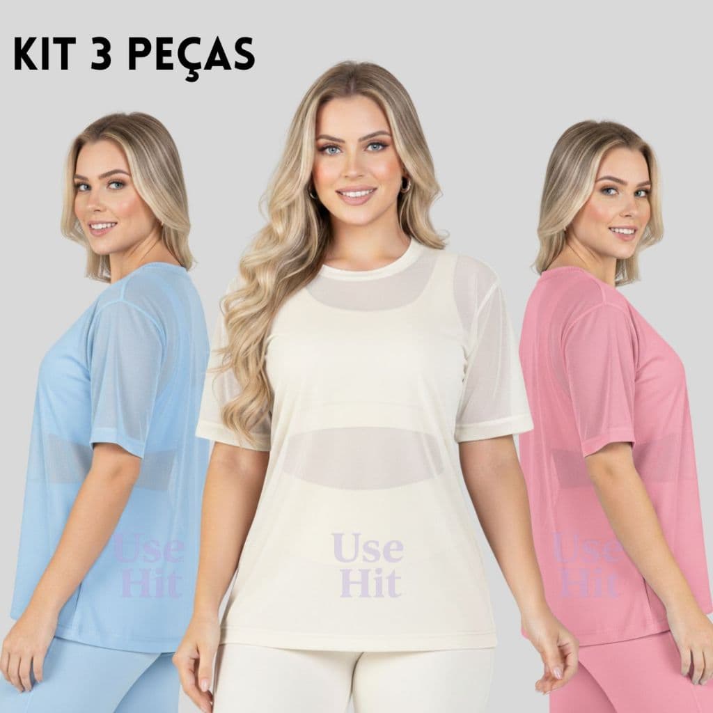 Kit 3 Blusas Feminina De Tule Academia Blusão Transparente Academia Treino Fitness