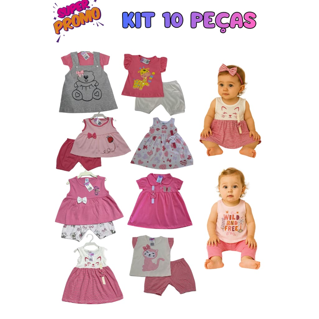 Kit 10 Peças Conjunto Vestido Menina Bebê Infantil Roupa Verão Fashion Short Blusa Algodão Feminino