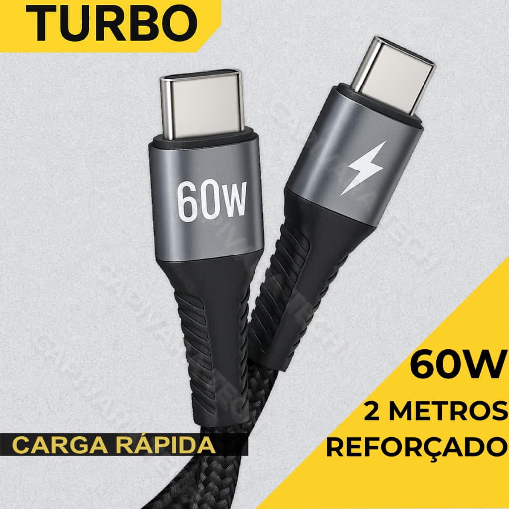 Cabo USB Tipo-C x Tipo-C 60W Turbo 2 Metros Reforçado – Rápido, Durável, Compatível com Tudo