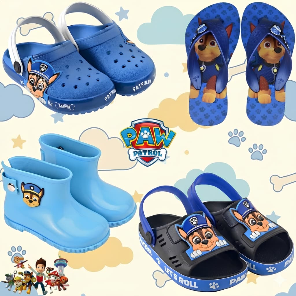 Kit 4 Em 1 Patrulha Canina Botinha Impermeável + Babuche Infantil + Sandália Papete + Chinelo Leve