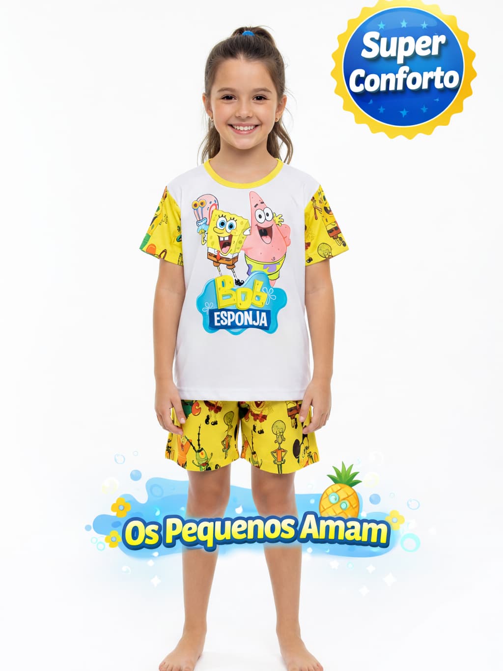 Pijama Infantil Feminino Bob Esponja Curto Verão Malha Macia Confortável