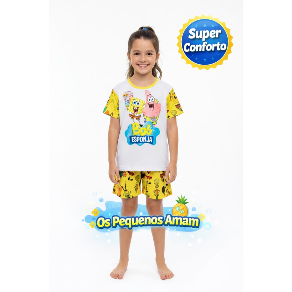 Pijama Infantil Feminino Bob Esponja Curto Verão Malha Macia Confortável