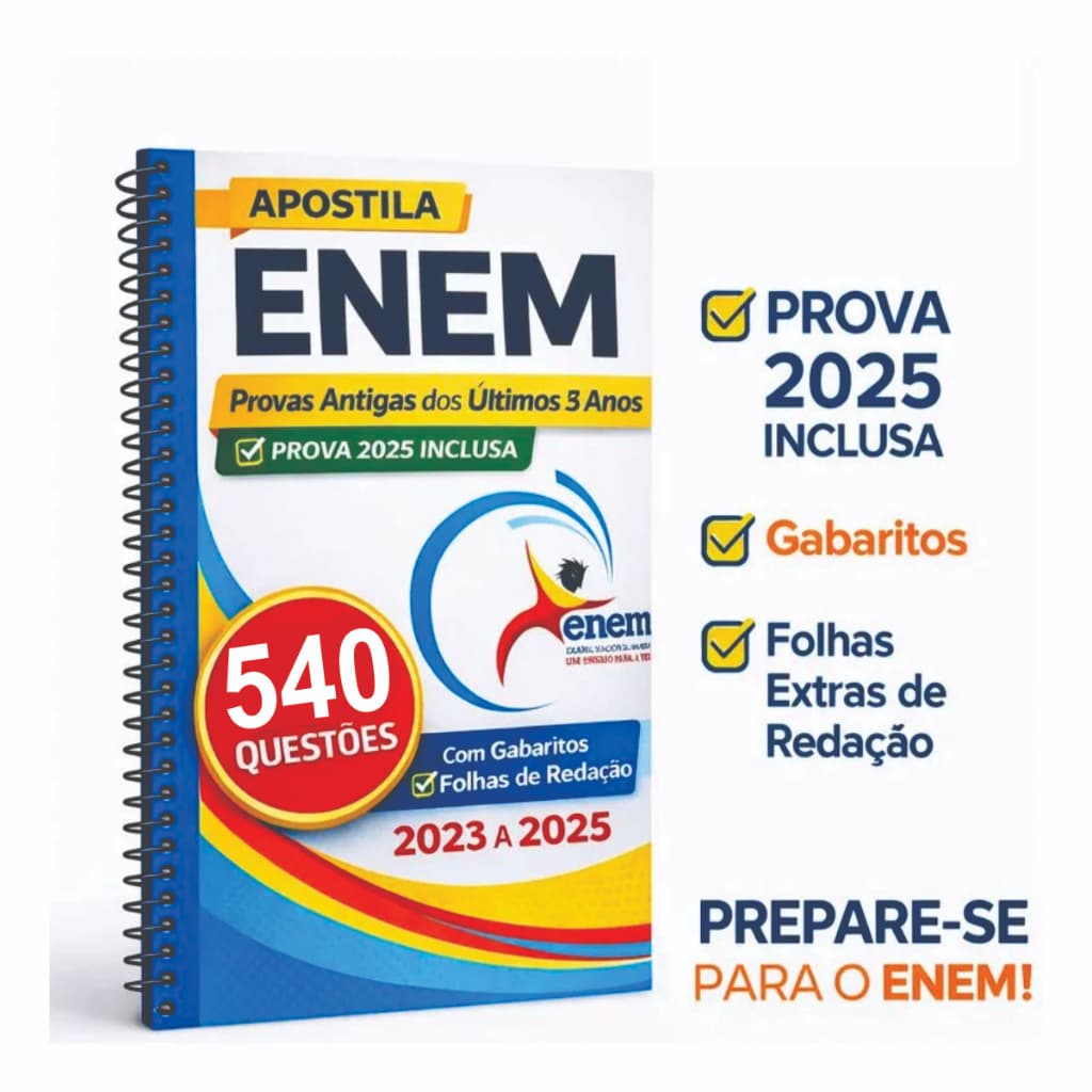 Apostila Enem Provas Antigas Anteriores 3 Anos Provas 2023 a 2025 com Gabaritos e Folhas de Redação
