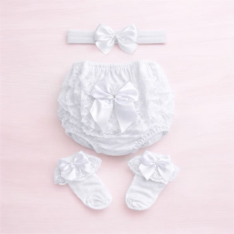Kit Calcinha Meia Faixa Branca Batizado Bebê Laço Cetim Calcinha  Bunda Rica Renda