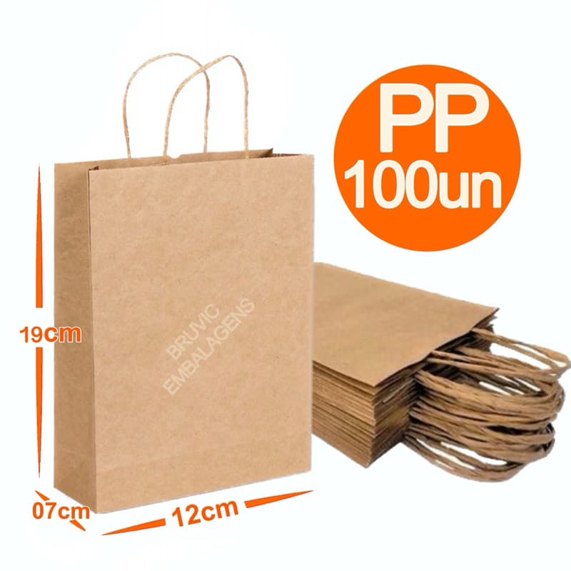 Sacola De Papel Kraft PP 12x18x7cm Com 100 Unidades