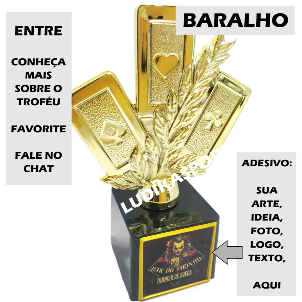 1 a 5 Troféu Baralho 3 Cartas M Ouro 17cm BL1 {Personalizo} Kit Desconto Poker Truco Uno Tranca