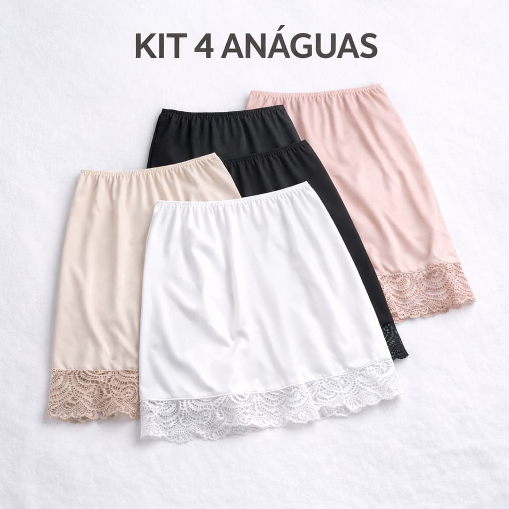 Kit 4 Anágua Saia Saiote Segunda Pele Vestido Barra Com Renda Moda Senhora Combinação