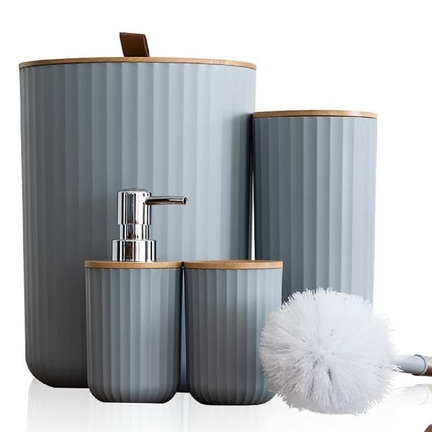Kit Banheiro 4 Peças Tampa de Bambu Lixeira Escova Sanitária Porta Escovas Design Moderno Luxo