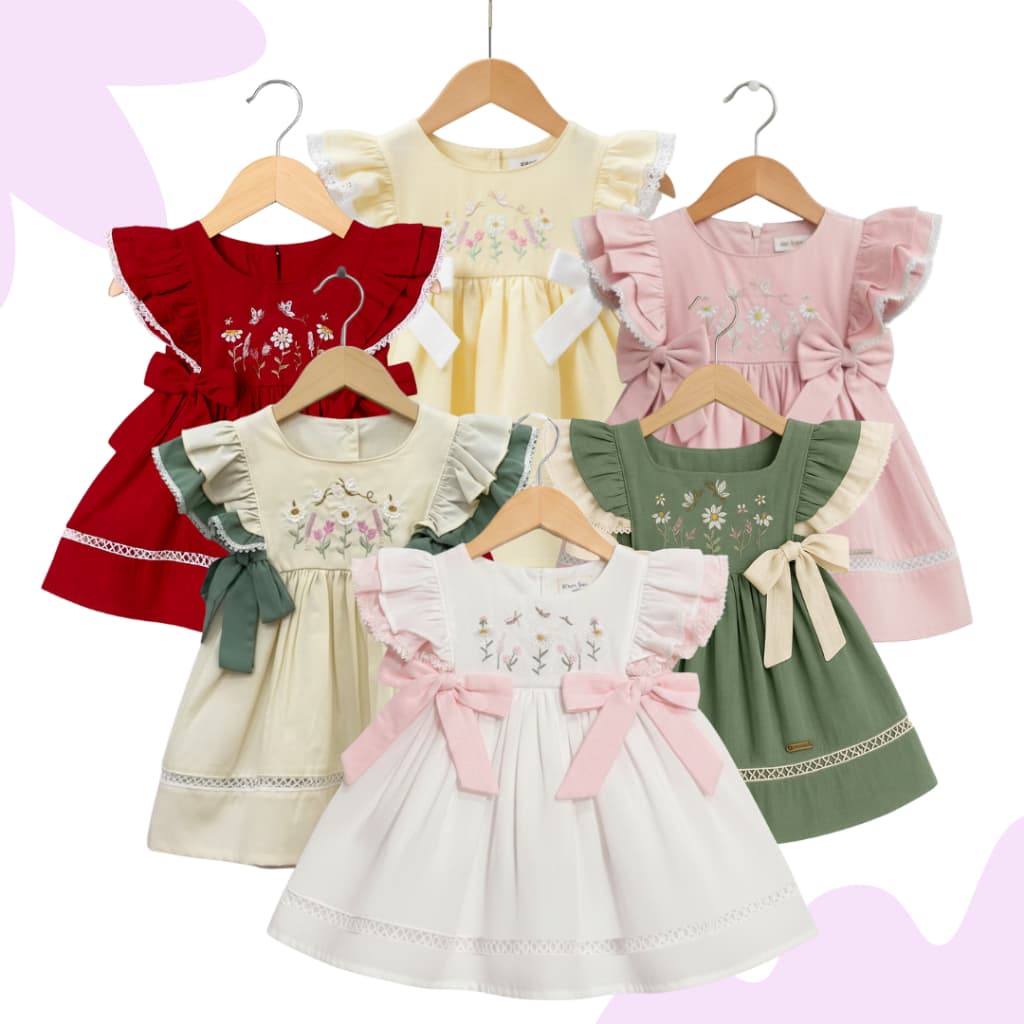 Vestido Feminino Infantil Com Amarração Lateral Vestido Kids com Babadinhos em Mangas Bordado Floral