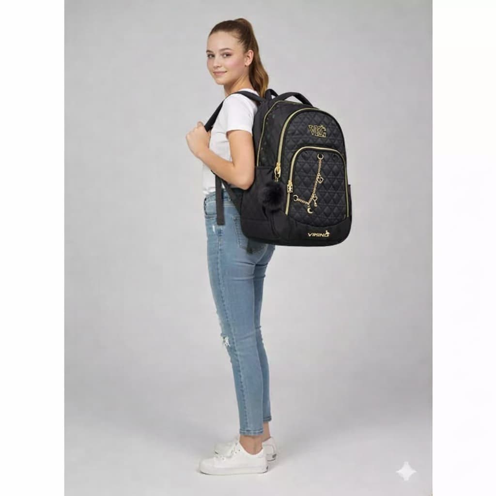 Mochila VKG Juvenil Feminina Escolar Espaçosa C/ Bolso Para Notebook + Pompom E Pingente