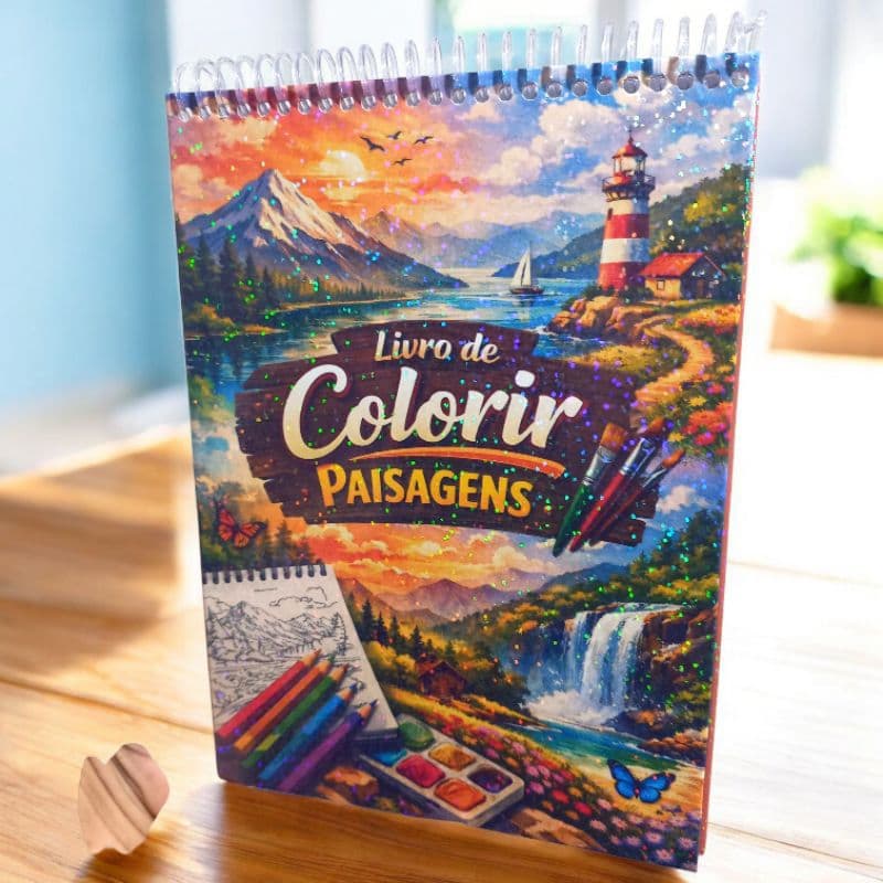 livro de colorir paisagens 50 DESENHOS capa dura holográfica