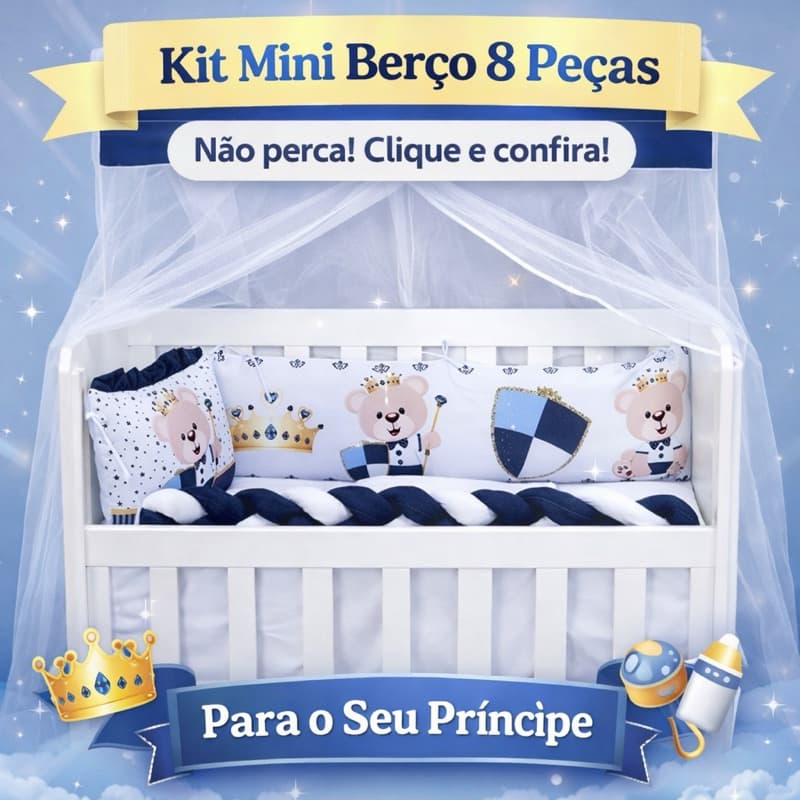 Kit De Berço Mini 08 Peças com Trança Mosquiteiro e Edredom Enxoval Bebê Estampa Variadas