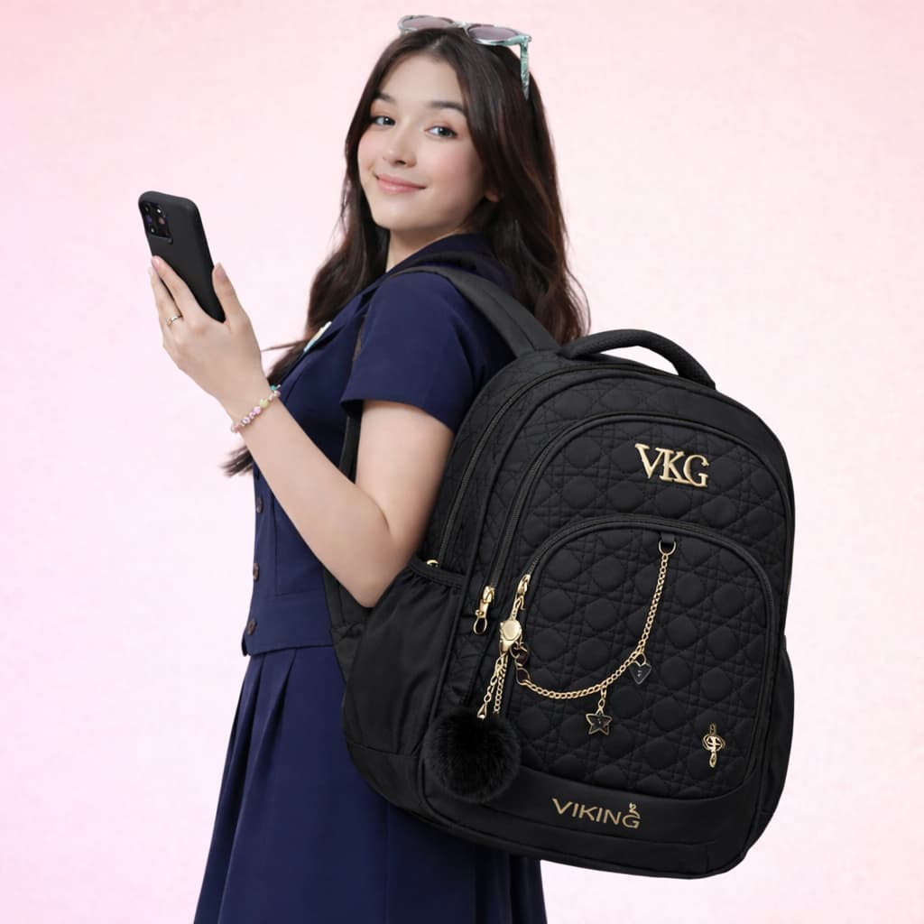 Mochila De Costas VKG Juvenil Feminina Com Pingente E Chaveiro Bolso Interno Para Notebook