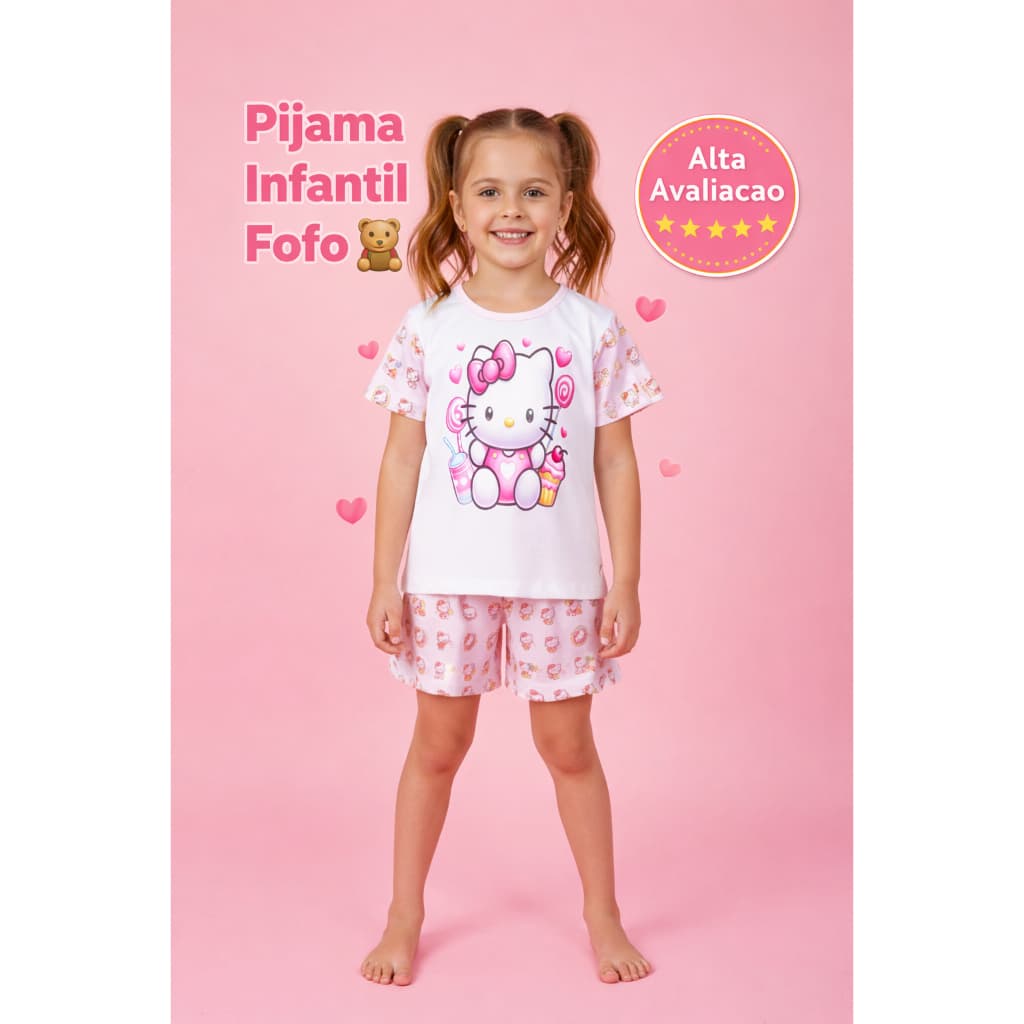 Pijama infantil Feminino Hello Kitty Estampado Personagem Barato Premium Bonito Diferenciado Present