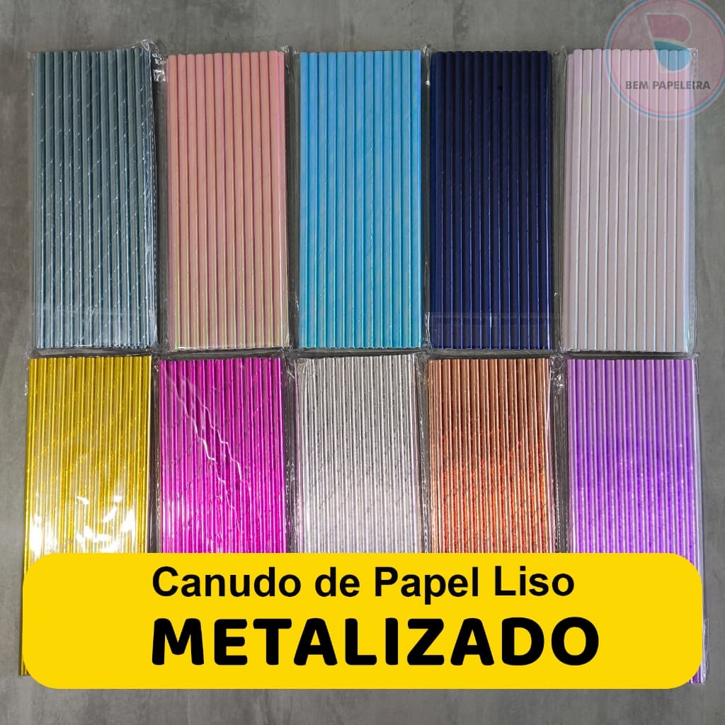 50 Canudos de Papel LISO METALIZADO - Cores Diversas - Topo de Bolo