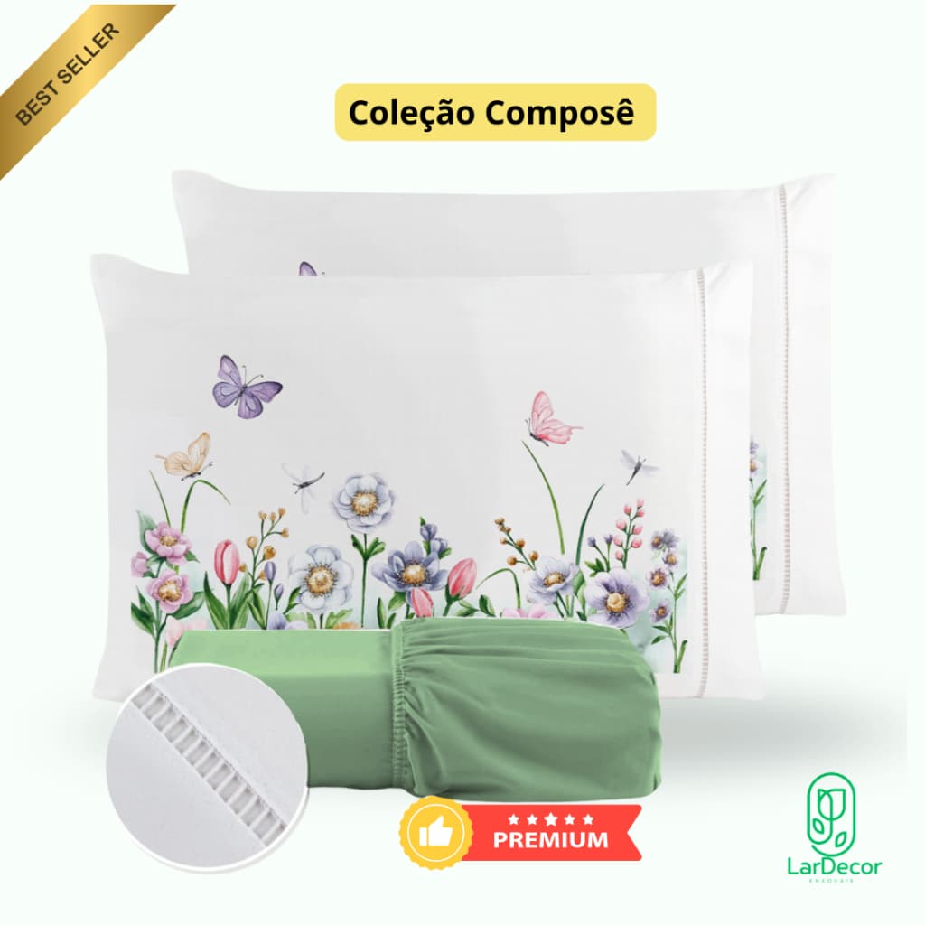 Kit Jogo de Lençol Ponto Palito Micropercal 400 Fios Fronhas Estampadas