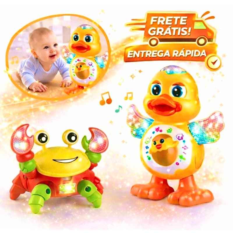 Kit Caranguejo Fujão e Patinho Dançarino Brinquedo Musical Dança Anda Mexe com Luz E Som