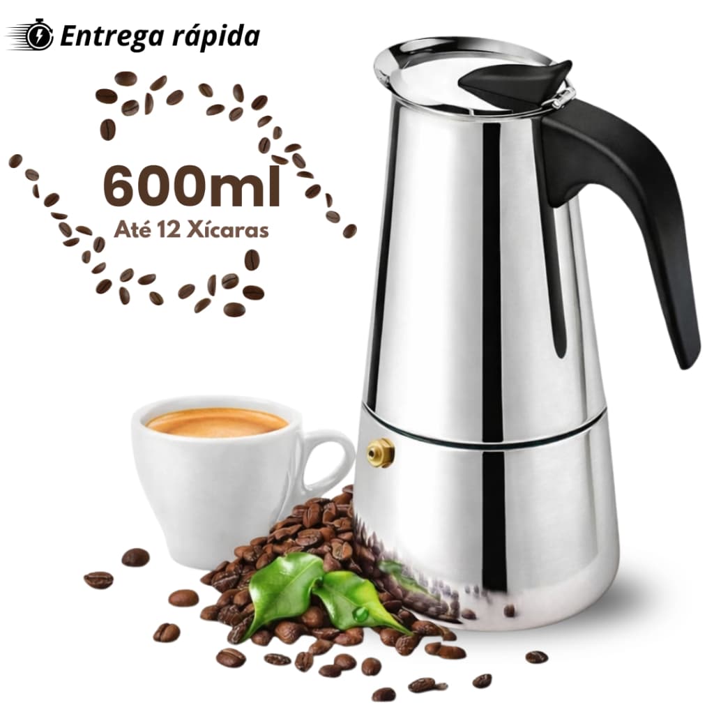 Cafeteira Expresso Italiana de Aço Inox 600ml 12 Xícaras de Café Expresso e Moka