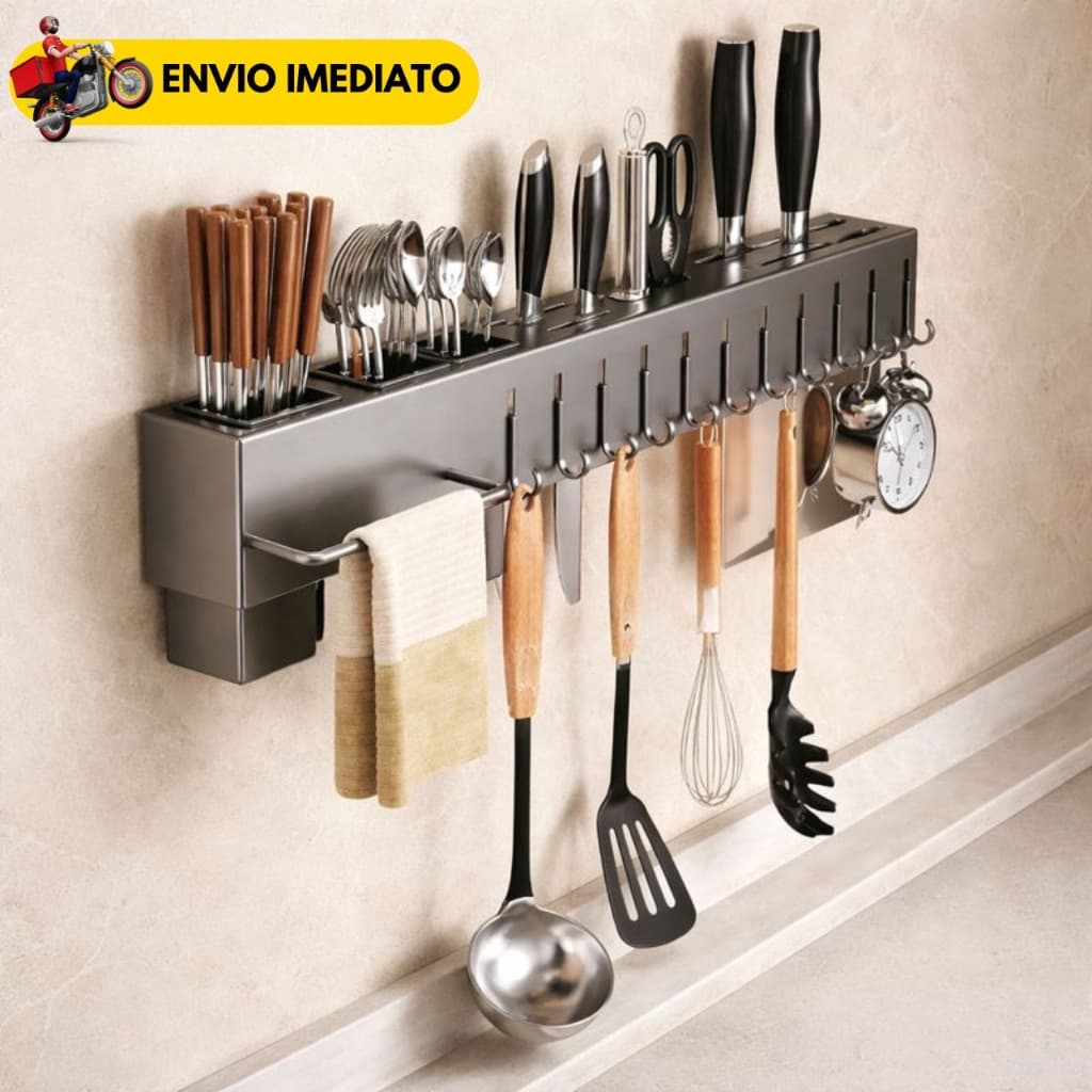 Suporte Porta Utensílios de Cozinha Parede Inox com Ganchos Porta Facas Escorredor de Talheres Organizador com Barra