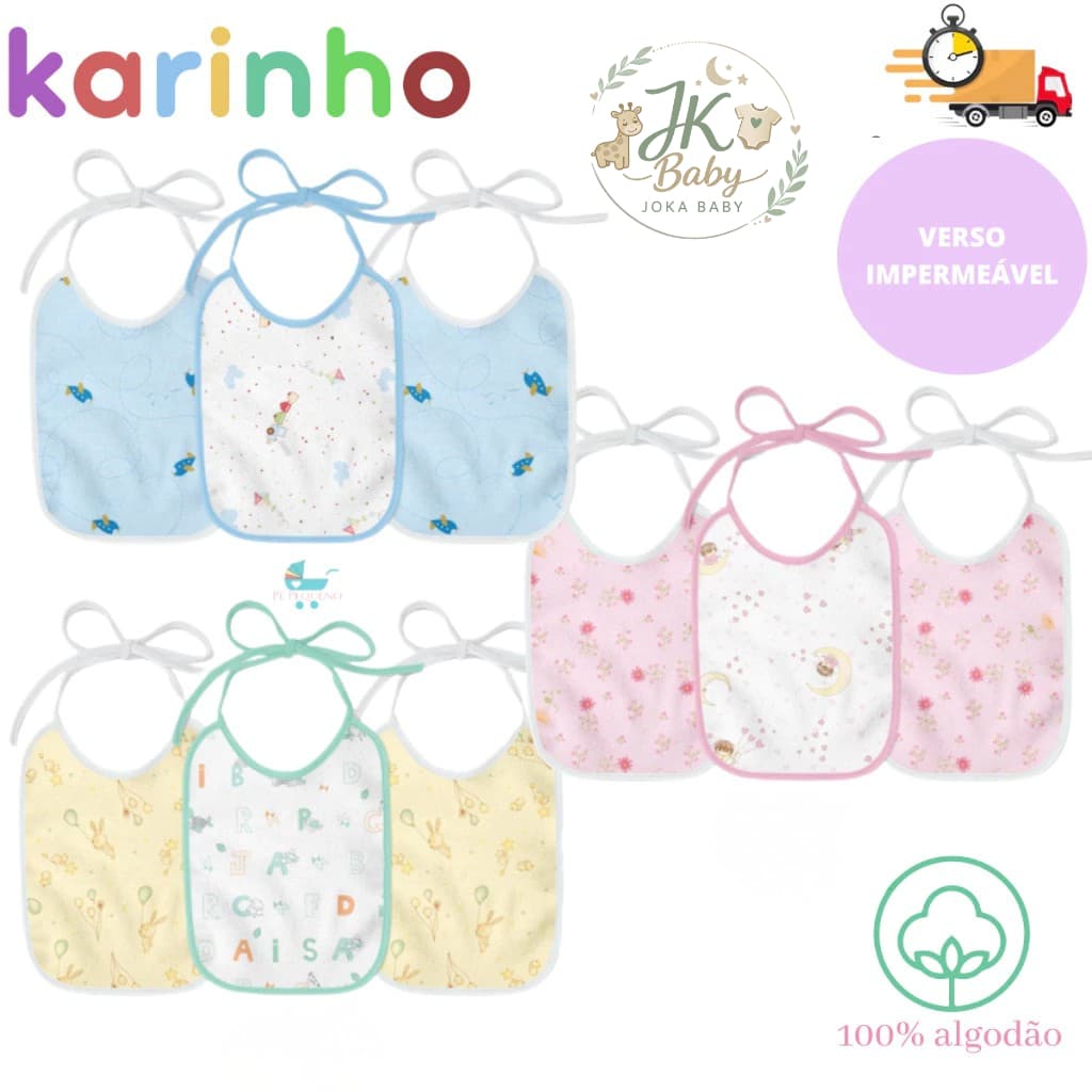 Kit Babador Flanelado e Plastificado karinho Estampado 21 cm X 19 cm com 3 unidades - Karinho