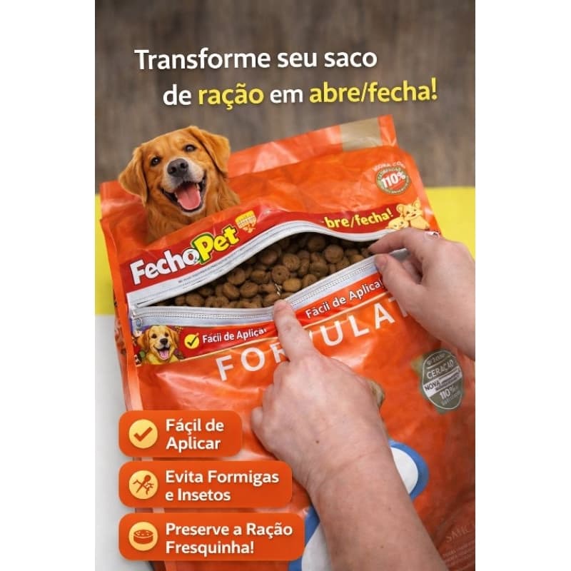 03 Und Fecho Pet - Transforme qualquer saco de ração em abre e fecha em segundos com nosso adesivo vedante com ziper