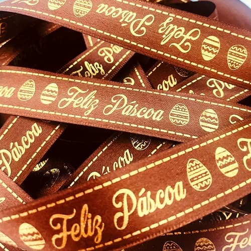 Fita de Cetim decorada traços Feliz Páscoa  22mm  Para Embalagem de Páscoa