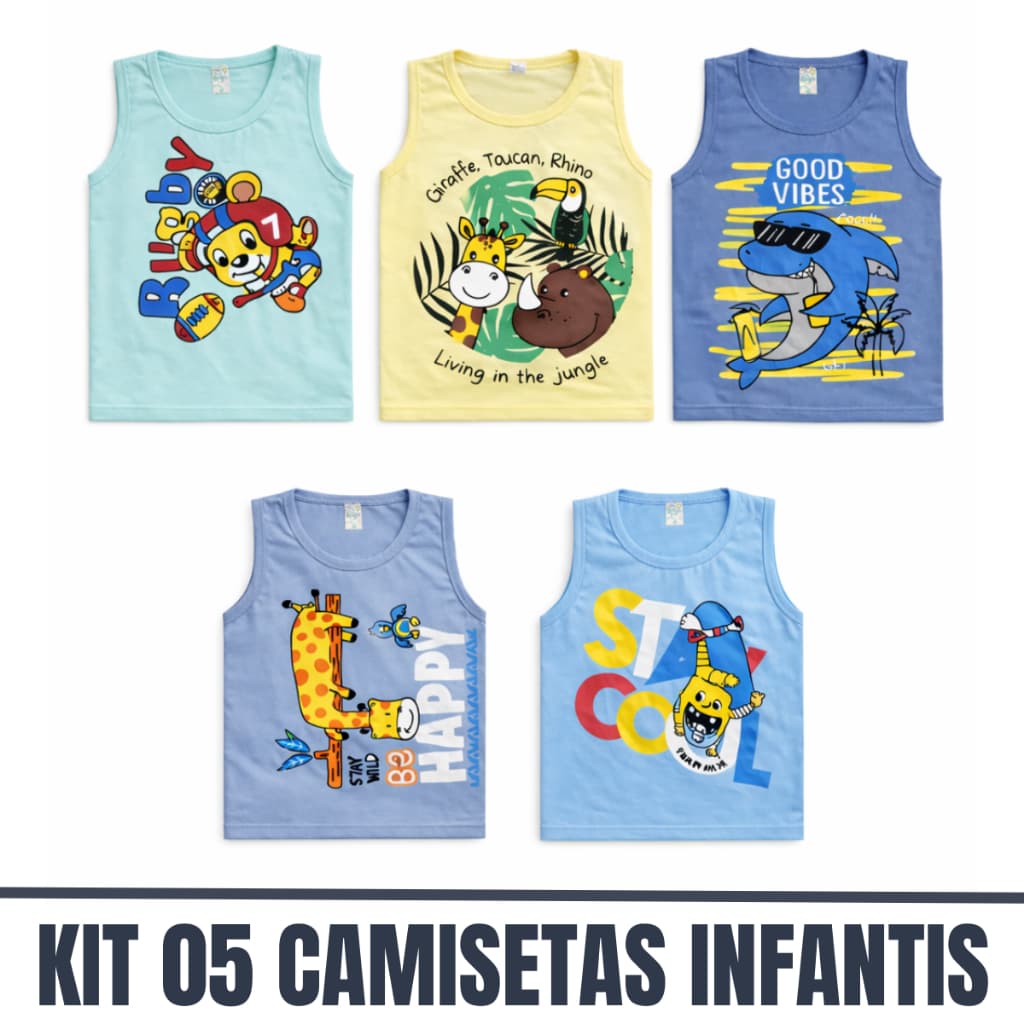 Kit 5 Camisetas Regatas infantil Menino Estampado 100% Algodão