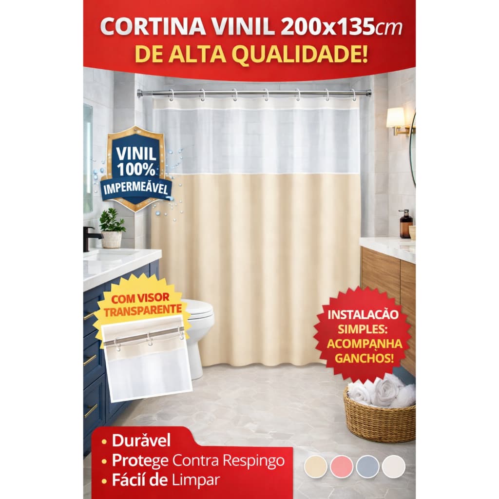 Cortina Box Banheiro Vinil Lisa Plast Leo 200x135cm Com Visor Transparente