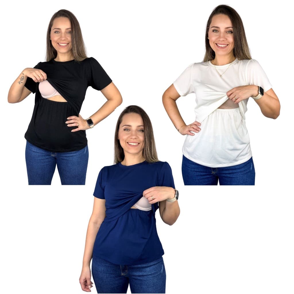 Kit 3 Blusa Amamentação Cores Premium Camiseta Manga Curta T-shirt Gestante Maternidade Amamentar