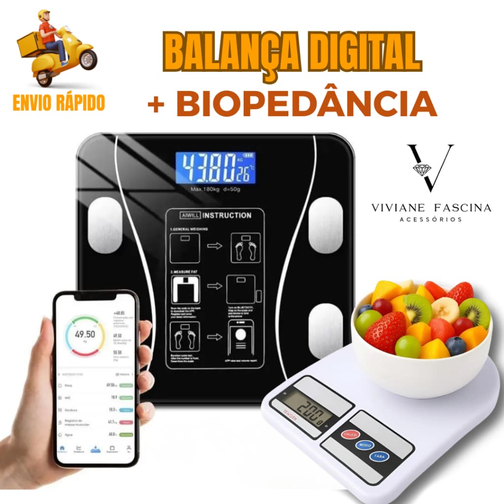 Kit Balança Bioimpedância + Digital Precisão Gordura Corporal Peso Alimentos Casa Academia
