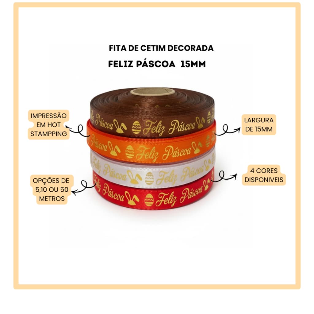 Fita de Cetim Feliz Páscoa 15mm  Embalagem de Páscoa