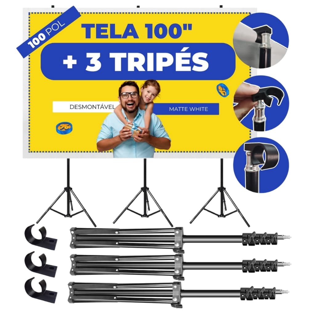 Tela para Datashow com Tripé Regulável Projeção Ideal para Uso Profissional Interno e Externo