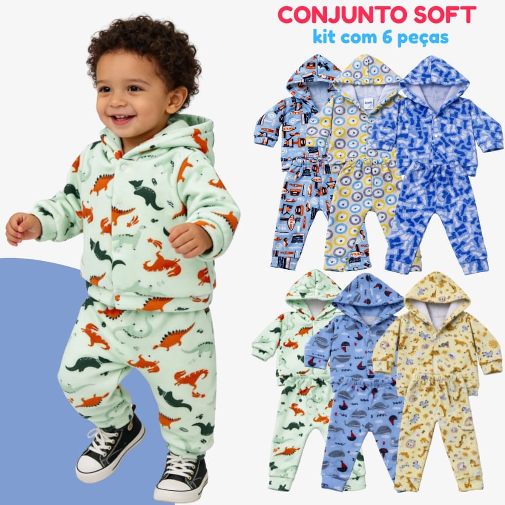 Kit 6 Peças Conjunto Infantil Menino de Inverno Soft Bebê Com Capuz - 3 Conjuntos