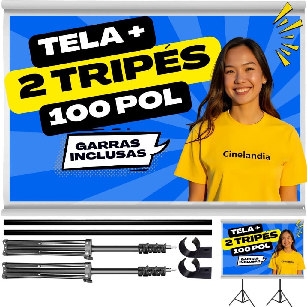 Tela de Projeção com Tripé Retratil Dobrável Portátil para Projetor Datashow Alta Qualidade 100 Polegadas Cinelândia 4K