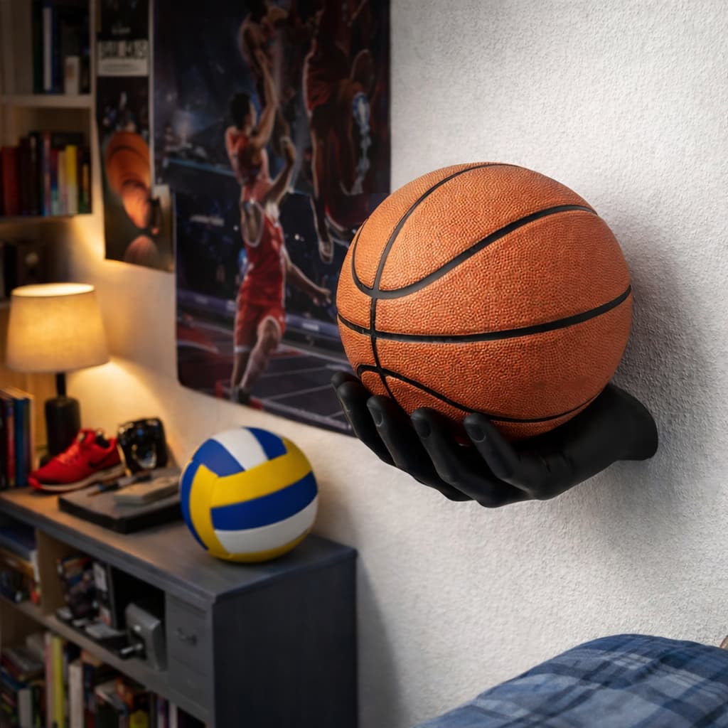 Suporte de Parede - Modelo Mão | Bolas de: Futebol, Basquete, Vôlei e Futebol Americano. Porta objetos.