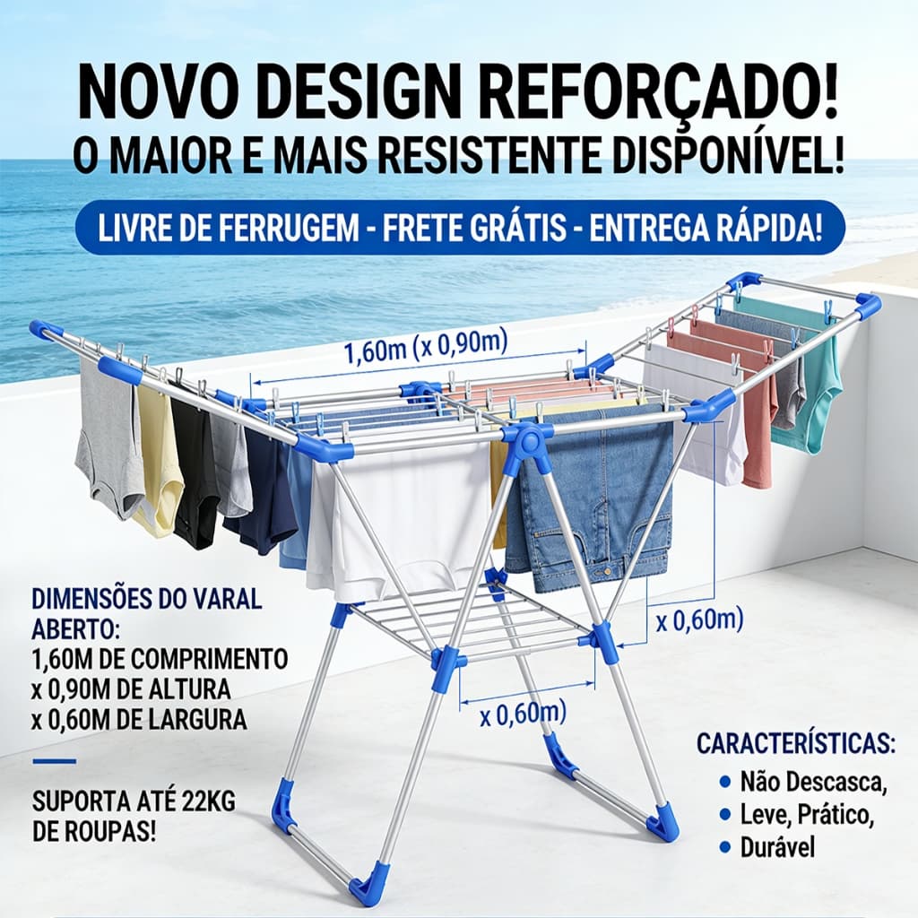 Varal P/ Roupas De Chão 100% Alumínio Grande Reforçado Com Abas Dobrável Retrátil Resistente