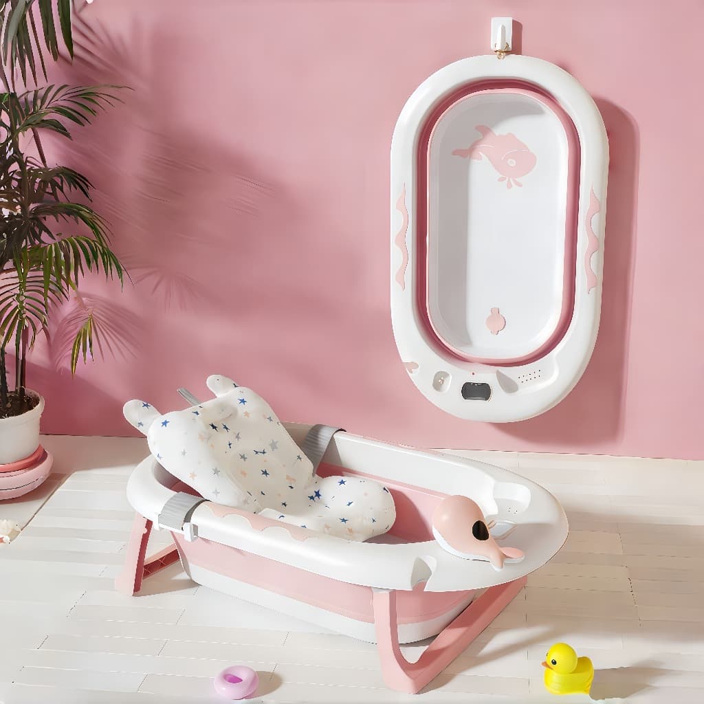 Banheira Dobrável Bebê Portátil com Almofada e Termômetro Infantil - Ideal para Pequenos Espaços