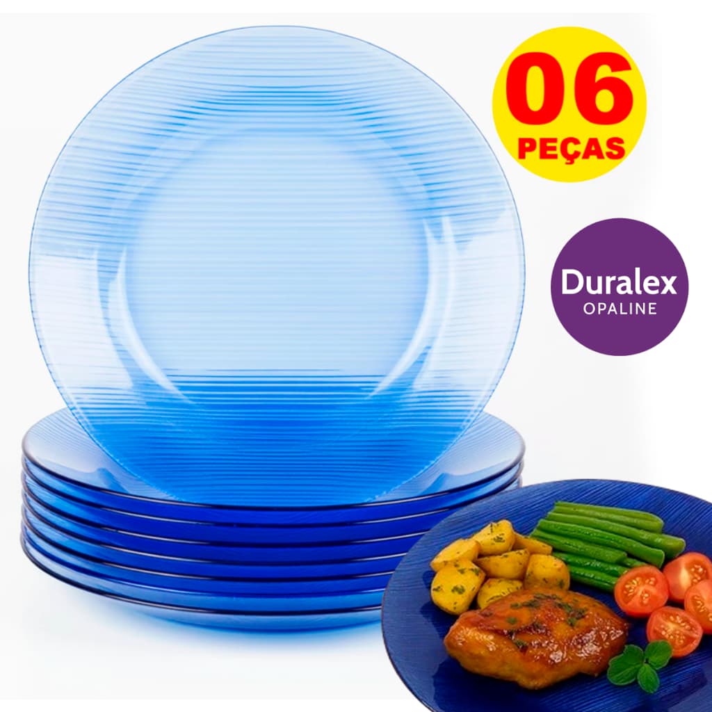 Kit jogo de Pratos Diamante Azul Vidro Temperado Fundo Duralex Blue 6 Peças Resistente Micro-Ondas