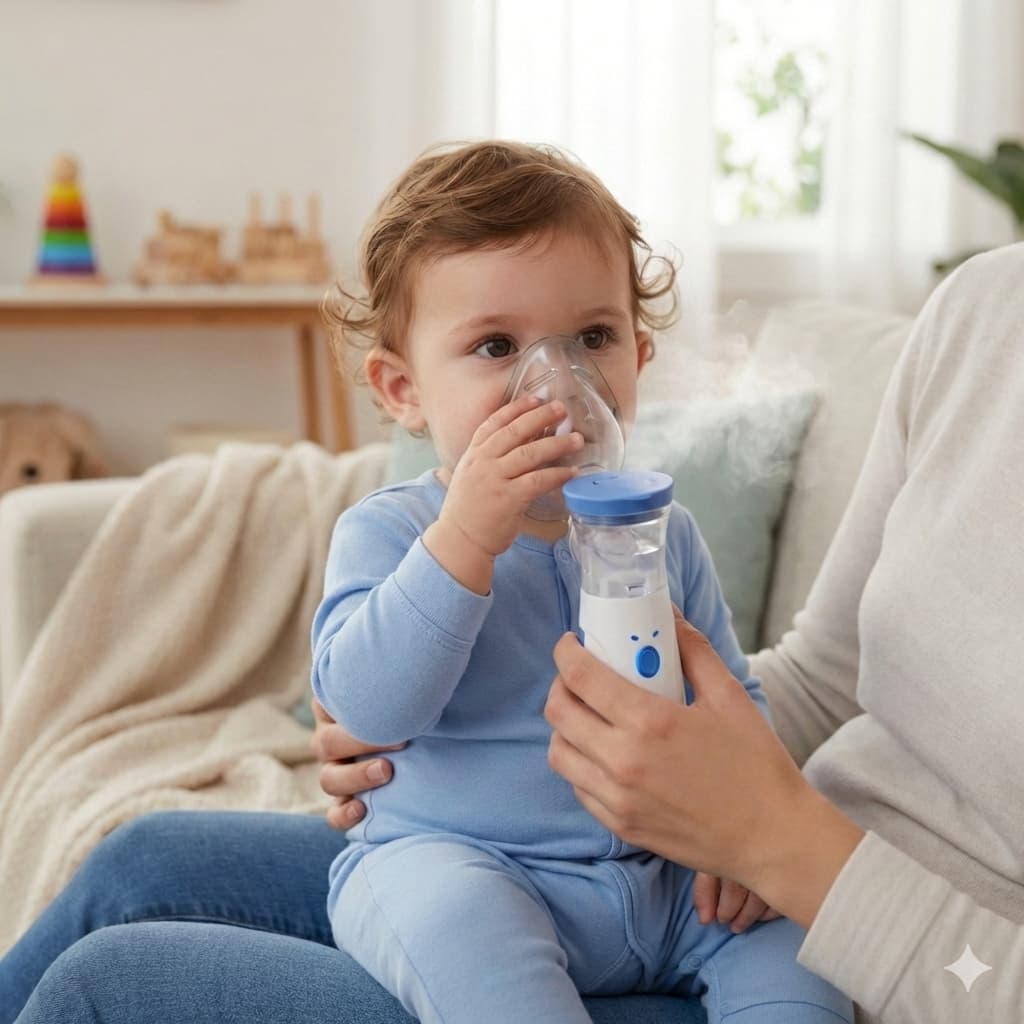 Inalador Nebulizador Ultrassônico Portátil Cor Branco e Azul - a Pilhas ou Cabo USB