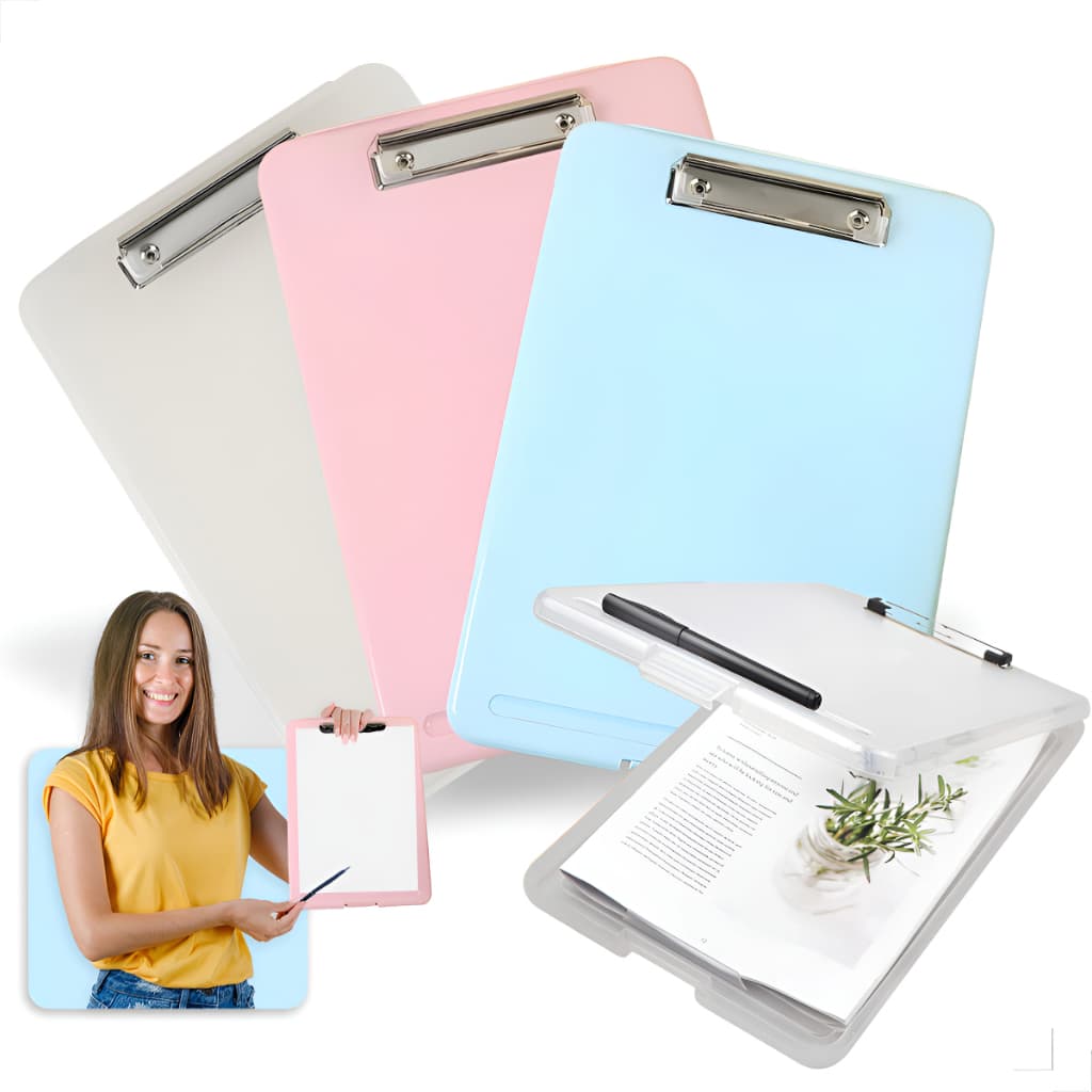 Prancheta A4 com armazenamento, pasta organizadora resistente, ideal para estudos e trabalho diário!