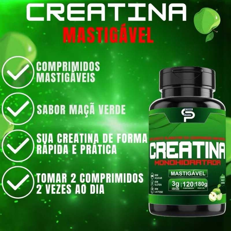 Creatina Pura Mastigável Creapure Sabor Maçã Verde 120 Comprimidos Energia Atletas 3000mg Por Dose