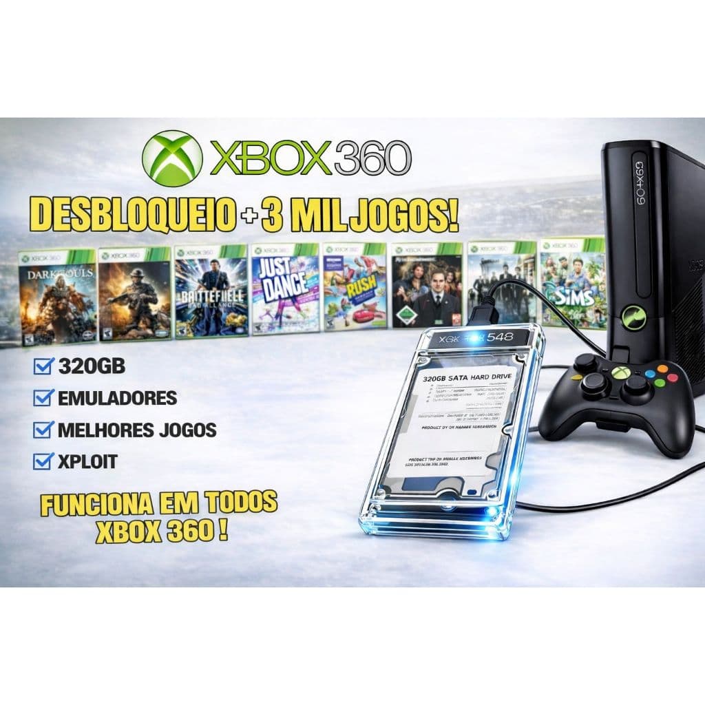HD Externo 320GB Xbox 360 - 42 Jogos + 2.000 jogos Retro - Plug & Play (Todos os Modelos 2004-2015)